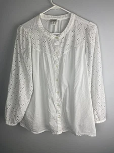 J. Crew White Floral Eyelet Semi Sheer 3/4 sleeve button up size M - Picture 1 of 6