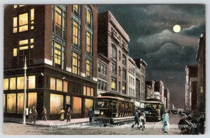 1908 RECONSTRUCTED BALTIMORE STREET AFTER FIRE at NIGHT TROLLEY CARS POSTCARD - Picture 1 of 2