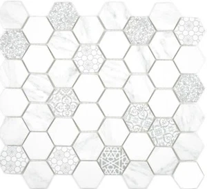 GLAS Mosaik Hexagon Sechseck carrara Optik Wand Küche Dusche Rückwand |WB16-0222 - Picture 1 of 4