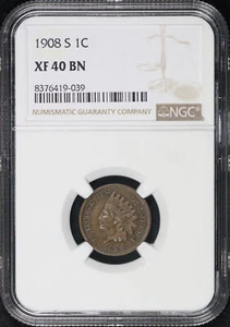 1908-S Indian Head Cent NGC XF-40 BN - Key Date, 3rd Lowest Mintage! - Picture 1 of 2