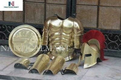Antigua chaqueta de armadura muscular con casco espartano medieval, protector de pierna, brazo y escudo Foto 1 de 2