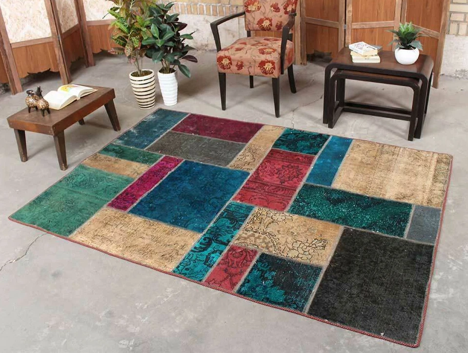 5x6 Vintage Handmade Wool Hand Knotted Colorful Geometric Patchwork Area Rug - Image 1 of 4