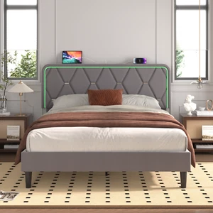 Bed Frame with LED Light USB Ports Queen Full Twin Size Headboard Platform Bed - Picture 1 of 42
