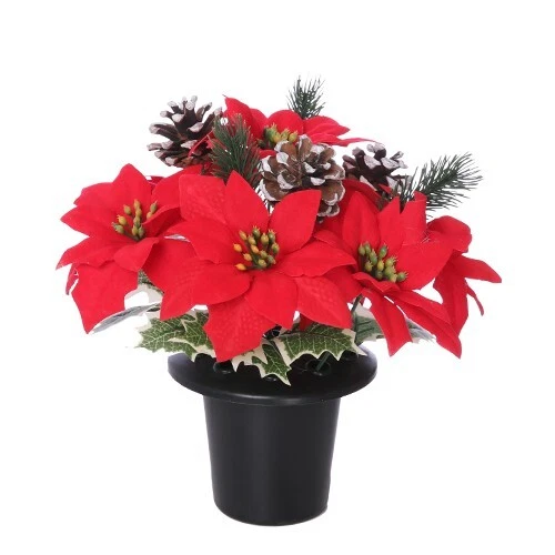 Christmas Red Poinsettia Flower With Cones and Pot Cemetery Grave Christmas 25cm - Image 1 of 1