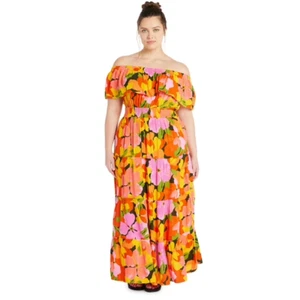 Terra Sky Damen 3X Schulterfreies Stufen Maxikleid Gerafft Gelb Multi Sommerkleid - Bild 1 von 13