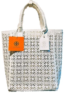Bolso de Mano de Playa TORY BURCH Blanco Corte Láser Charol Imitación Cuero Shopper Nuevo con Etiquetas - Imagen 1 de 14