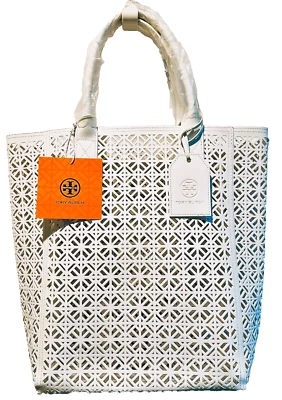 Bolso de Mano de Playa TORY BURCH Blanco Corte Láser Charol Imitación Cuero Shopper Nuevo con Etiquetas Foto 1 de 4
