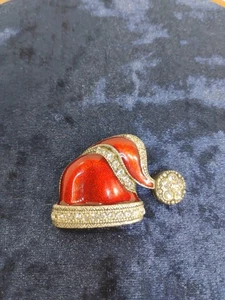 Vintage Christmas Santa's Hat Pin Brooch Red Enamel with Large Rhinestones - Picture 1 of 4