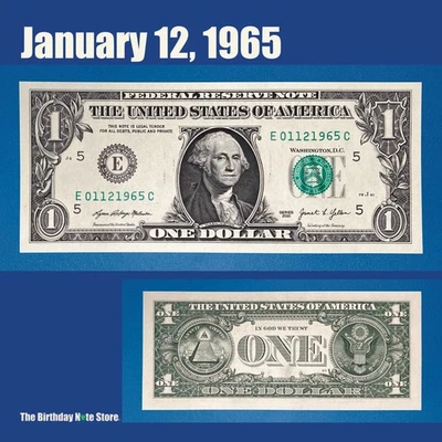 January 12, 1965 Birthday Anniversary $1 One Dollar Bill Serial Number 01121965 - Image 1 of 2