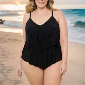 Tankini Top Verde Aqua Negro Traje de Baño XL NUEVO CON ETIQUETAS Nuevo Para Mujer’s UPF 50 Volantes en Niveles - Imagen 1 de 5