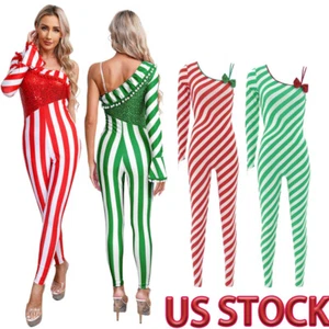 Women Christmas Striped Gym Jumpsuit Full Bodysuit Unitard Candy Cane Costume - Picture 1 of 48