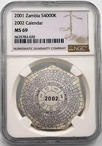 ZAMBIA 4000 KWACHA SILVER 2001-2002 CALENDAR NGC MS69 - Picture 1 of 2