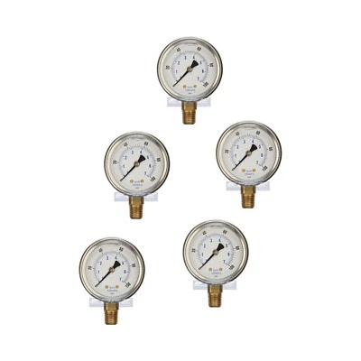 5 PACK LIQUID FILLED PRESSURE GAUGE 0-100 PSI, 2.5" FACE, 1/4" NPT LOWER MOUNT - Image 1 of 4