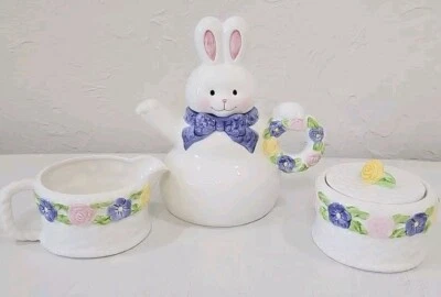 Vintage Hallmark Easter Bunny Teapot W Sugar And  Creamer Dish - Image 1 of 4