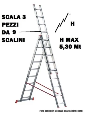 SCALA IN ALLUMINIO MARCHETTI PROFESSIONALE 3 TRONCHI, 9 GRADINI ALLUNGABILE 5,65 - Immagine 1 di 4