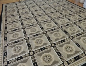 French Aubusson Needlepoint Neoclassical Geometric Area Rug 12 x 15 Black Beige - Picture 1 of 7