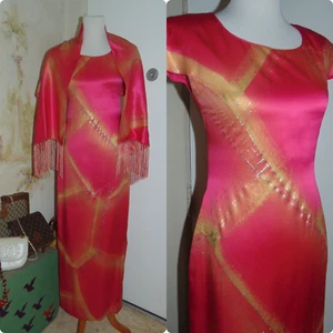 William Pearson Designer Vintage Dress Cheongsam Slit Rose Pink Gold Silver sz 6 - Picture 1 of 16