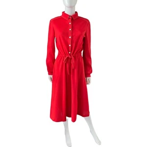 Vintage 70s Red Shirt Dress Sz M, Long Sleeve, Belted, Union Made - Picture 1 of 11
