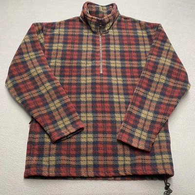 Eddie Bauer Sweater Mens Small Red Navy Plaid Fleece Quarter Zip Pullover USA - Image 1 of 4