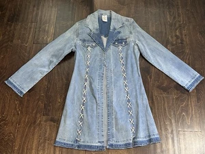 Ethyl Jean Dress Coat Women’s Med Y2K Western Long Jacket Suede Laces Frayed Hem - Picture 1 of 15