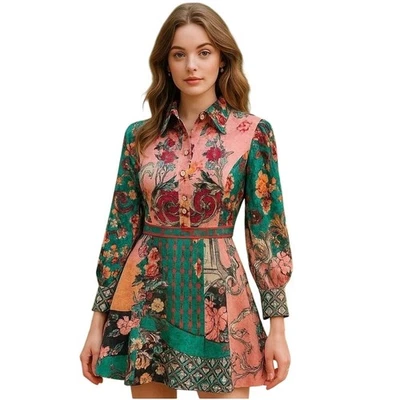 RARE Dalia MacPhee Floral Print Mini Shirt Dress Long Sleeve Pink Green Women's - Image 1 of 4