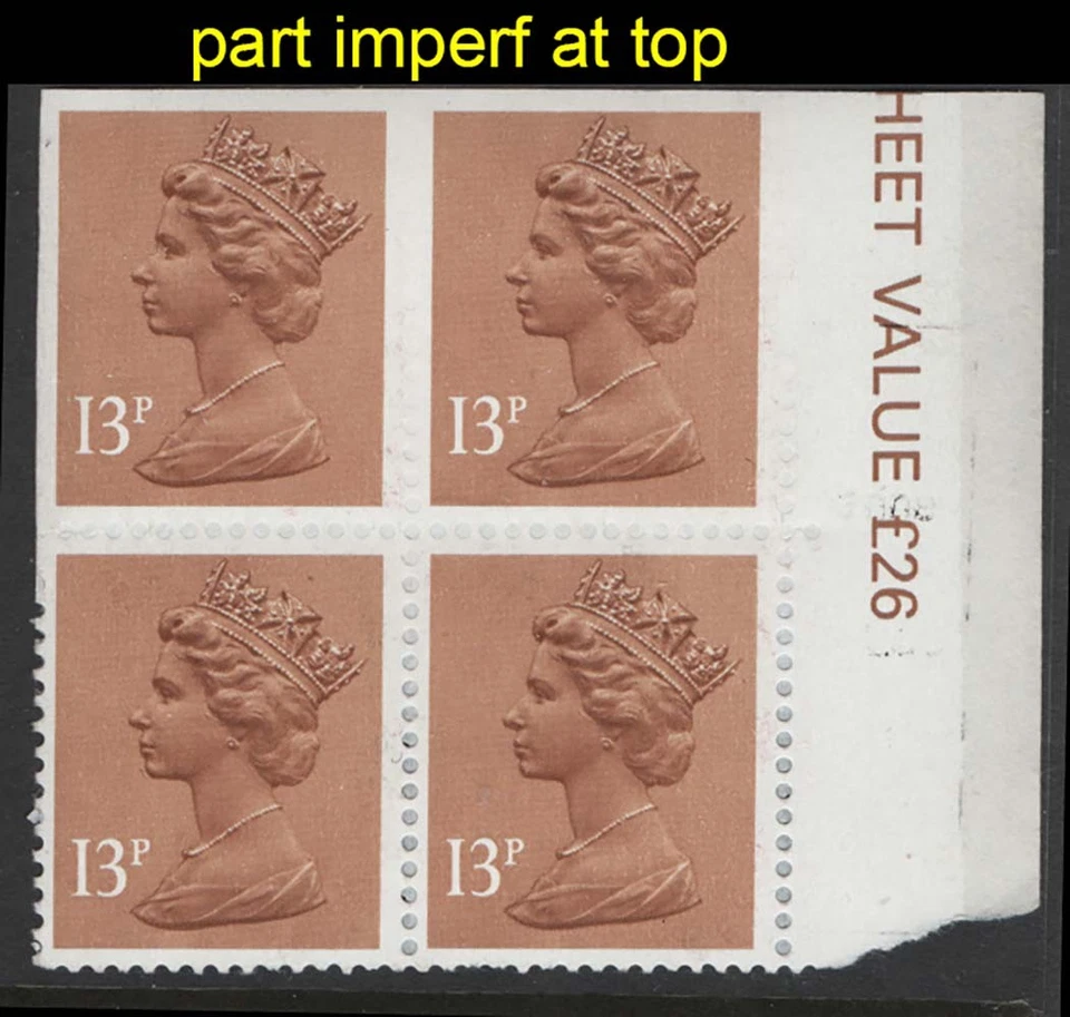 GB 1984 Machin 13p CB, part imperf marginal blk of 4, full imperf for top - Image 1 of 1