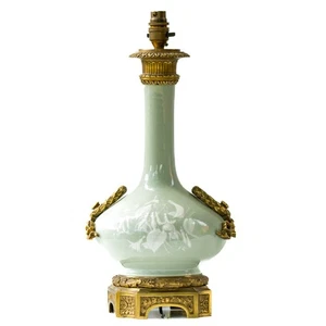 Large French Mounted Celadon Porcelain Vase Table Lamp Gilt Bronze 19th Century - Picture 1 of 15
