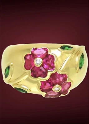 Van Cleef & Arpels 18k Yellow Gold Pink Sapphire Emerald Flower Ring - Изображение 1 из 4