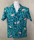 Vtg Hilo Hattie Mens Teal Guitar Print Aloha Hawaiian Shirt 20.5 In Armpit