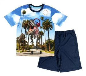 Dinosaur Pajamas Boys Small 6-7 T-Rex Skateboarding 2-Piece Shirt Shorts PJ Set - Picture 1 of 4