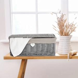 Wickerfield White/Grey Home Wicker Storage Basket Hamper Box with Lid and Lining - Picture 1 of 19