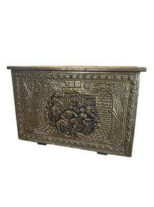 Antique Brass Covered Wood Kindling Box Firewood Town Square Vintage Scene 18” - Picture 1 of 15