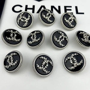10 CHANEL BUTTONS BLACK SILVER CC LOGO WITH STONES METAL 20MM VINTAGE - Picture 1 of 9