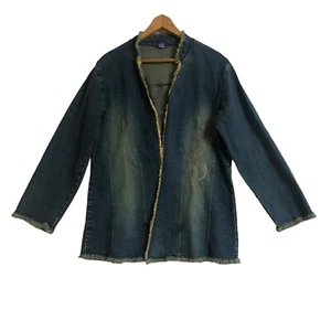 Vintage Y2K Jacket Size 14 Blue Denim Stone Wash Retro Embroidered Raw Edge - Picture 1 of 12