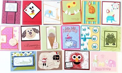 16 tarjetas de cumpleaños para niños surtidas hechas a mano estampadas de goma con sobres  Foto 1 de 4