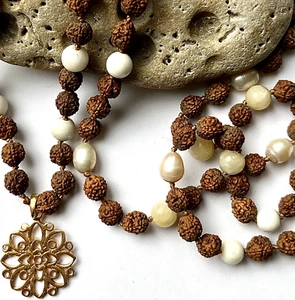 Sunspray Pearl and Yellow Jasper Sacred Rudraksha Seed Mala Prayer Beads 108 N10 - Picture 1 of 6