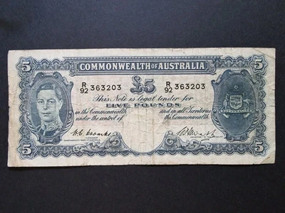 1949 Australian KGVI Coombs/Watt Banknote £5 Five Pounds Predecimal  - image 1 of 2