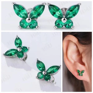 Earrings Butterfly Shape Lab-Created Colombian Emerald 18K Yellow Gold Plated - Picture 1 of 24