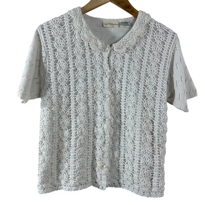 Jaclyn Smith Women's Vintage Cardigan White Cotton Crochet Short Sleeves Size L - Image 1 of 4