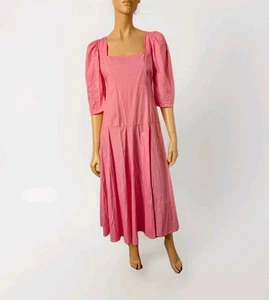 Aere Dress Size 10 Gathered Sleeve Poplin Midi Dress Baby Pink Organic Cotton - Picture 1 of 11