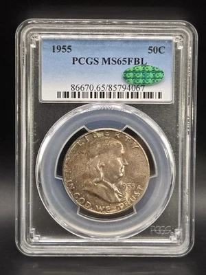 1955 Ben Franklin Silver Half Dollar 50C PCGS MS65FBL Full Bell Lines CAC Green - Image 1 of 3