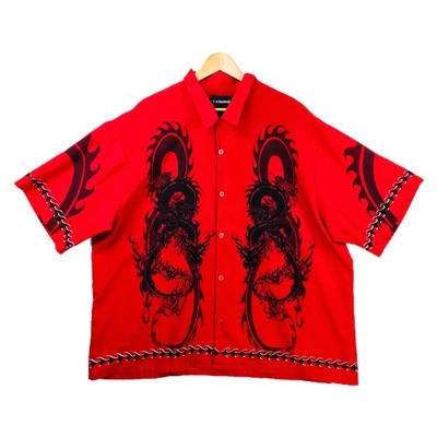 Винтажная рубашка на пуговицах без границ дракон красный черный полиэстер XXL Y2K гранж - Изображение 1 из 4