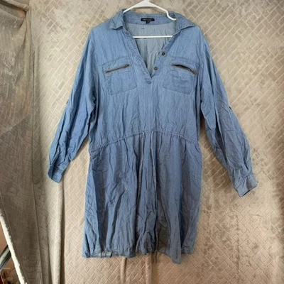 New Look Womens 1X Chambray Denim Shirt Blue Popover Tunic Top Long Sleeve - Image 1 of 4