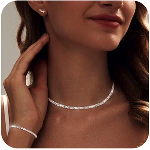 Collar tenis pulsera pendientes mujer plata delicada boda joyeria accesorios - Picture 1 of 12
