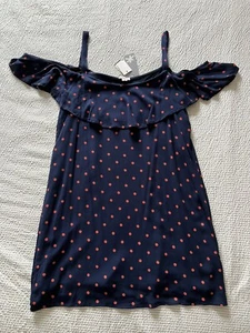 Splendid Polka Dot Shoulder Frill Dress Navy Pink Sz L - Picture 1 of 4