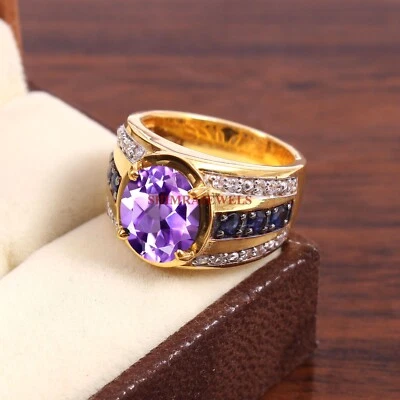 Piedras preciosas de amatista natural y zafiro con anillo enchapado en oro de 18 quilates para hombre #348 Foto 1 de 4