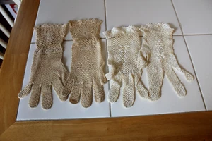 2 PAIRS VINTAGE HAND CROCHETED FISH NET GLOVES SIZE SMALL 1 ECRU - 1 IVORY - Picture 1 of 6