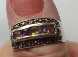 Vintage Signed Sterling Silver Multicolor Gemstone Cigar Band Ring Sz 7 3/4 - Picture 1 of 4