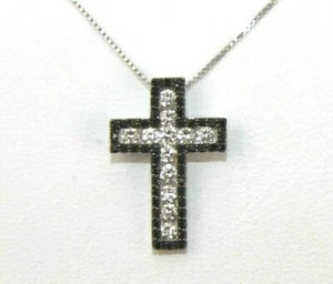 Round Black & White Diamond Cross Lady's Necklace Pendant 14K White Gold 0.75Ct - Picture 1 of 5