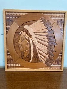 Native American Indian Chief Intarsia 23 1/2" square framed wood carving (C) - Picture 1 of 14